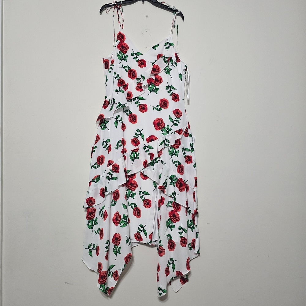 I.N. Dress XL White Green Red Roses Sleeveless Asymmetrical Ruffles‎ 892